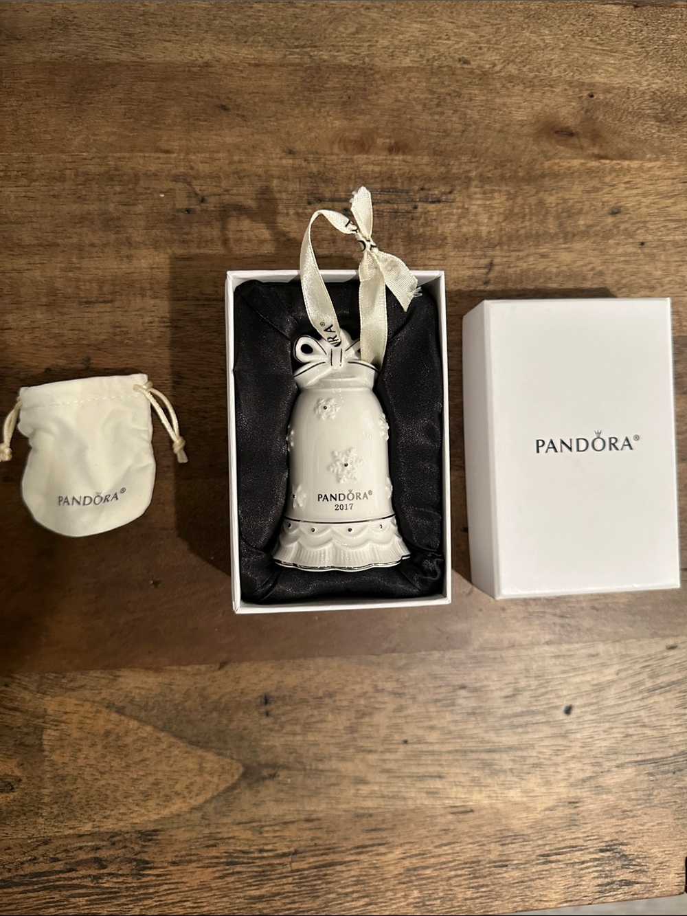Pandora White Porcelain Bell Ornament with Ribbon Year 2017